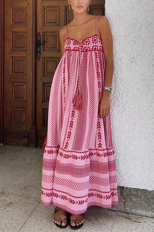 Karladress Tassel Crochet Hollow Out Splice Printed Ruffle Maxi Cami Dress