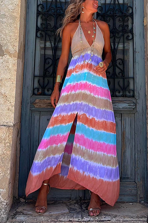 Karladress Halter Deep V Neck Slit Tie Dye Maxi Cami Dress