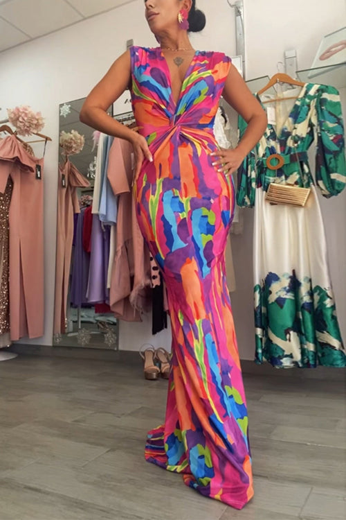 V Neck Twist Front Backeless Printed Maxi Bodycon Dress