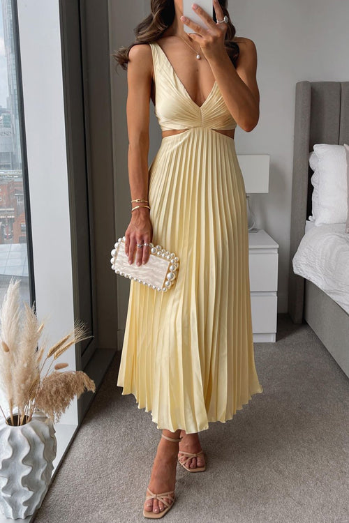 V Neck Cut Out Waist Sleeveless Pleated Maxi Dress