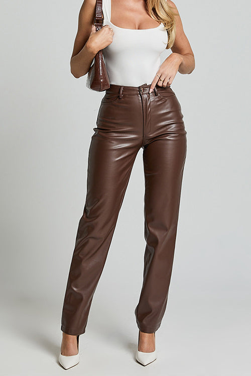 Karladress High Rise Pocketed Casual Faux Leather Pants