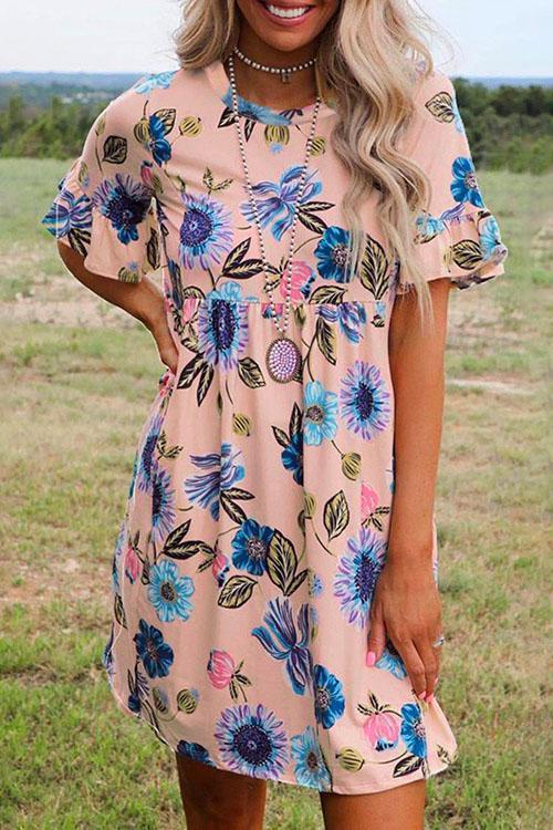 Karladress Crewneck Short Sleeve Floral Printed Flowy Dress