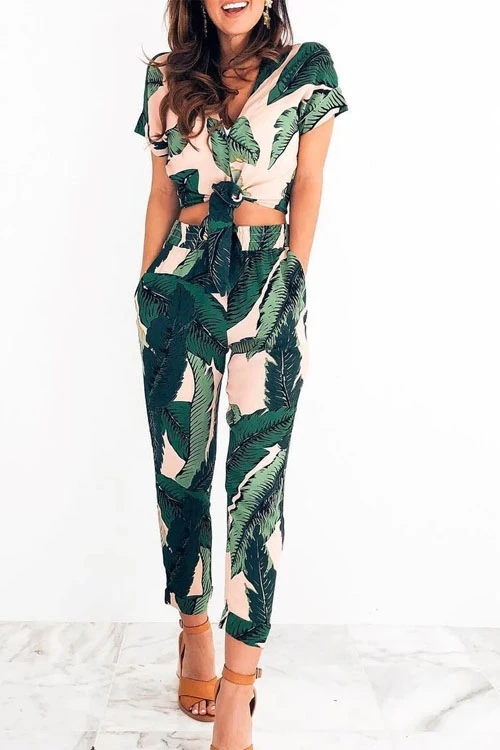 Karladress Short Sleeve Crop Top and Pants Leaves Printed Outfits