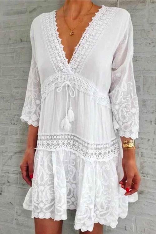 Karladress V Neck Lace Trim Tassel Swing Dress