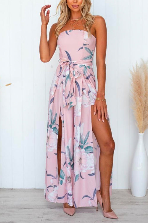 Karladress Sleeveless Off Shoulder Tie Waist Split Wide Leg Floral Jumpsuit