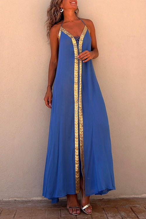 Karladress V Neck Backless Sequin Detailed Slit Maxi Cami Dress