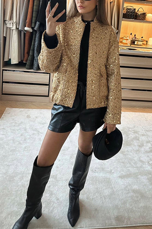 Karladress Stand Collar Zip Up Pocketed Sequin Jacket