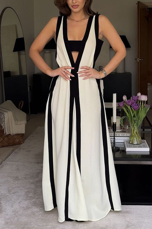 Karladress Deep V Neck Sleeveless Color Block Maxi Swing Dress