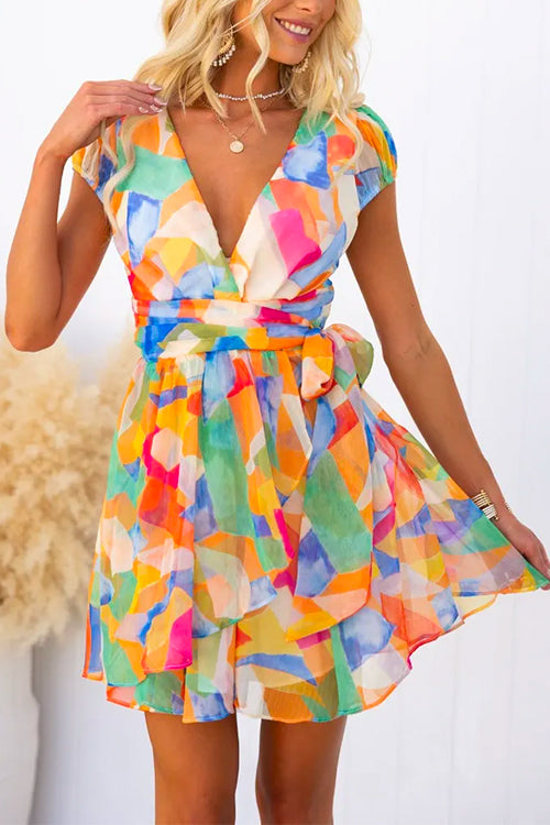 V Neck Tie Waist Splendid Printed Mini Wrap Dress