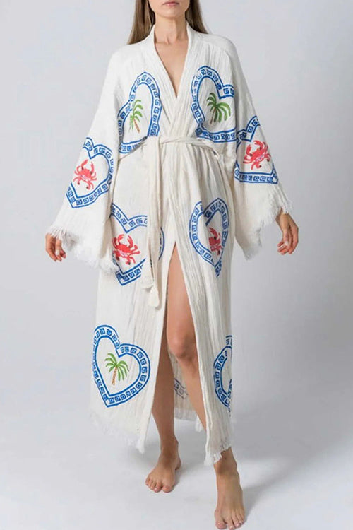 Karladress Raw Hem Tie Waist Printed Beach Vacation Kimono Maxi Dress