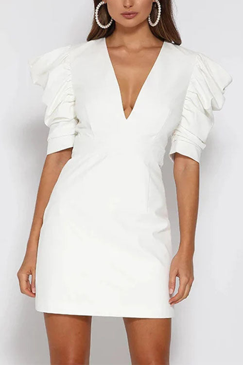 Karladress V Neck Backless Ruched Puff Sleeves Mini Dress