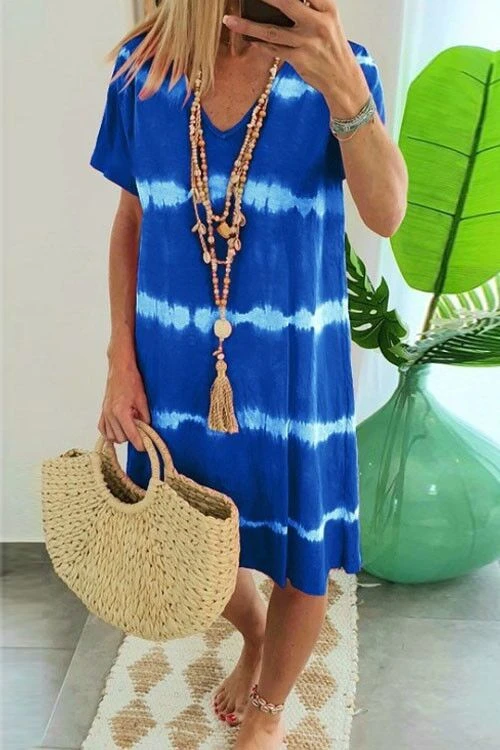 Karladress V Neck Short Sleeve Tie Dye Stripes T-shirt Dress