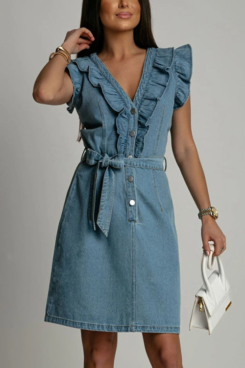 Karladress V Neck Button Up Tie Waist Ruffle Trim Denim Dress