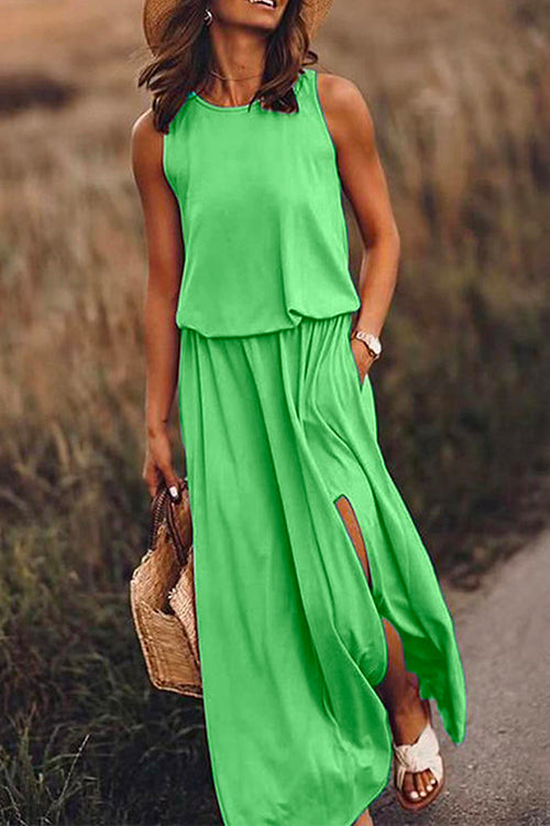 Karladress Sleeveless Waisted Slit Maxi Tank Dress