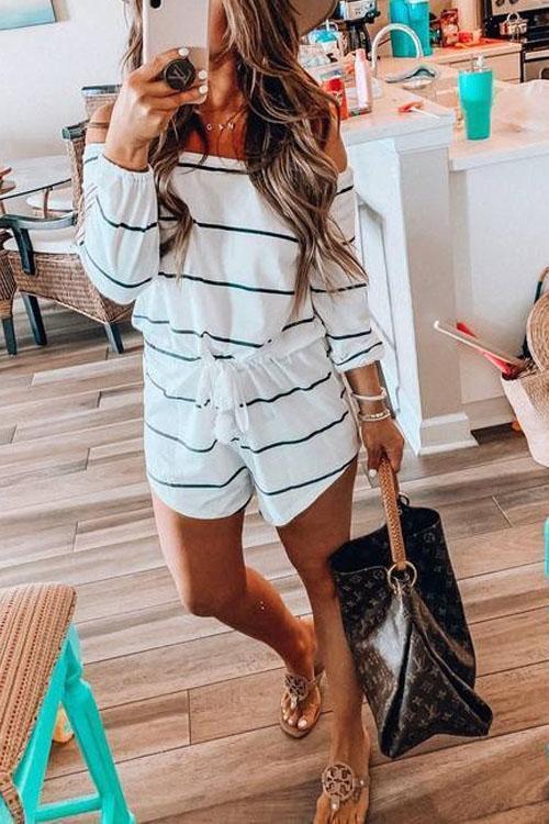 Karladress Off Shoulder Drawstring Waist Striped Shorts Jumpsuit