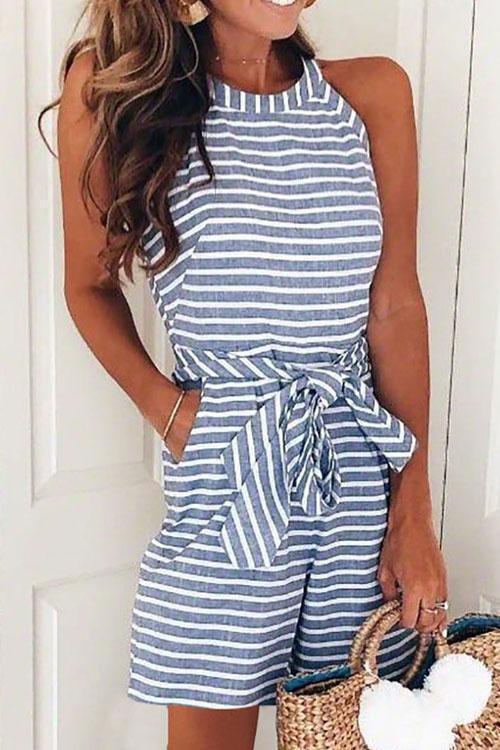 Karladress Bow-knot Sleeveless Striped Romper