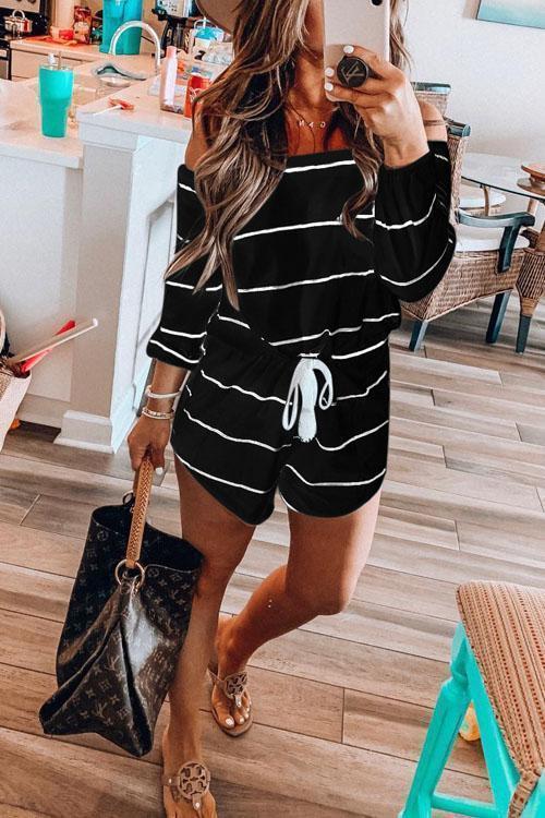 Karladress Off Shoulder Drawstring Waist Striped Shorts Jumpsuit