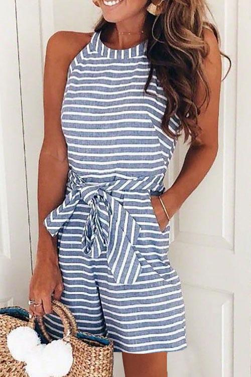 Karladress Bow-knot Sleeveless Striped Romper