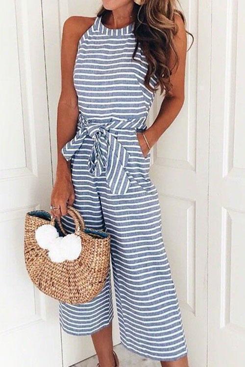 Karladress Crewneck Sleeveless Striped Bow-Knot Wide Leg Jumpsuit