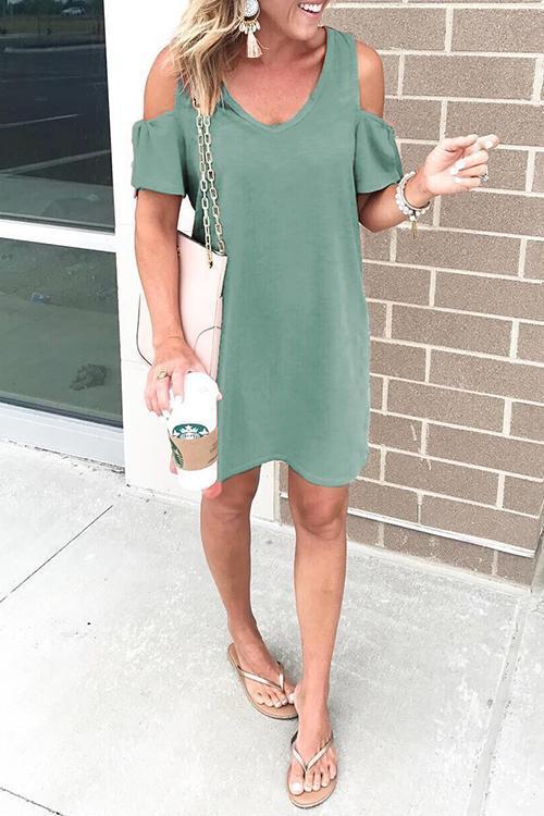 Karladress V Neck Cold Shoulder Solid T Shirt Dress