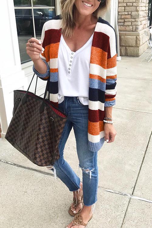 Karladress Rainbow Stripes Open Front Cozy Sweater Cardigan