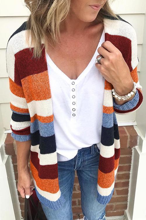 Karladress Rainbow Stripes Open Front Cozy Sweater Cardigan