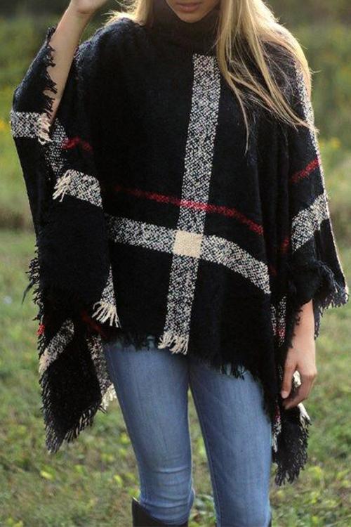 Karladress Tassel Color Block Classic Cloak Poncho Sweater