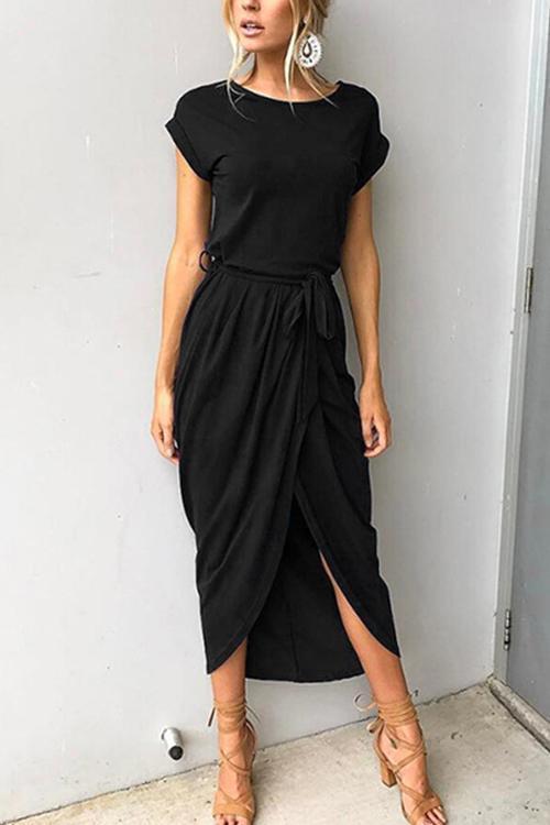 Karladress Short Sleeve Tie Waist Slit Midi Dress