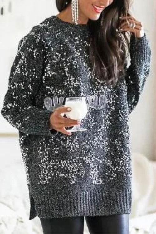 Karladress Crewneck Side Split Sequin Glitter Sweater