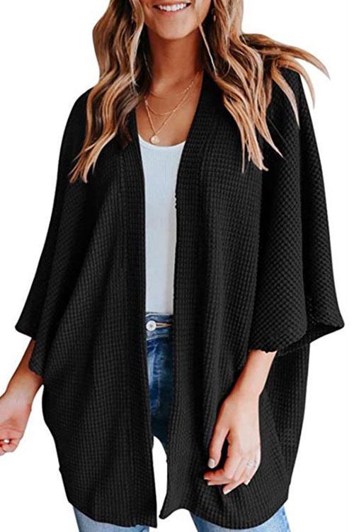 Karladress Solid 3/4 Sleeve Open Front Kimono Cardigan