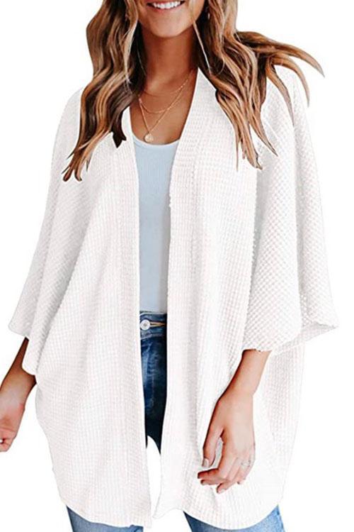 Karladress Solid 3/4 Sleeve Open Front Kimono Cardigan