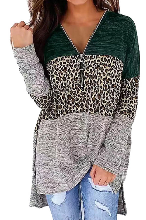 Karladress Zipper Leopard Splice High Low Hem Side Split T-shirt