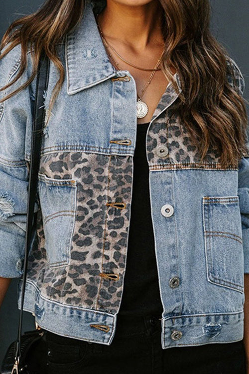 Karladress Button Up Leopard Splice Ripped Denim Jacket