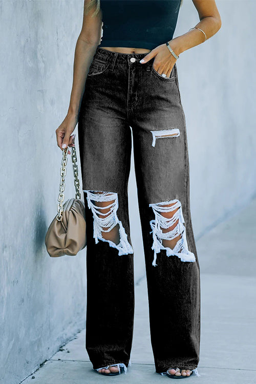 Karladress One Button Straight Leg Ripped Denim Pants