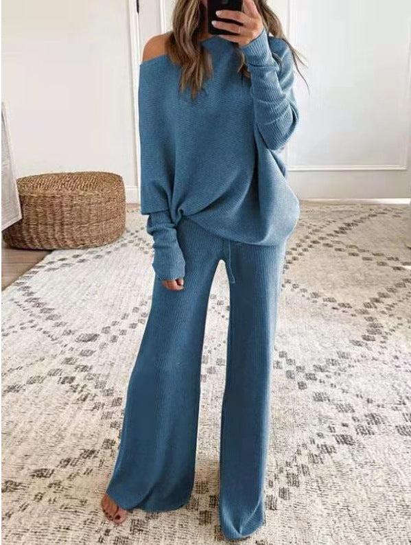 Karladress Cold Shoulder Pullover and Tie Waist Pants Solid Knit Set