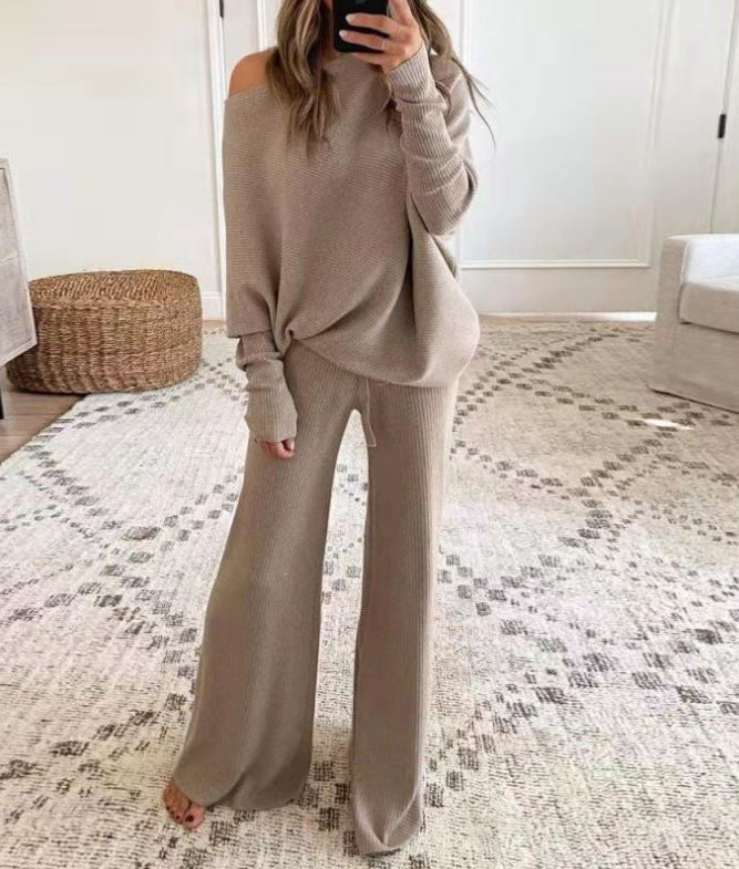 Karladress Cold Shoulder Pullover and Tie Waist Pants Solid Knit Set