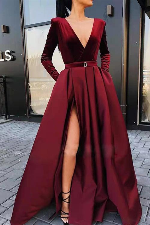 Karladress Deep V Neck High Split Velvet Swing Party Dress