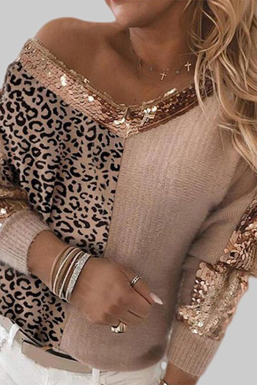 Karladress V Neck Leopard Sequin Splice Sweater