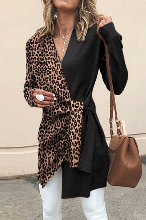 Karladress V Neck Leopard Splice Wrapped Outwear