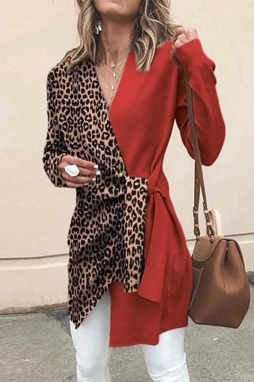 Karladress V Neck Leopard Splice Wrapped Outwear