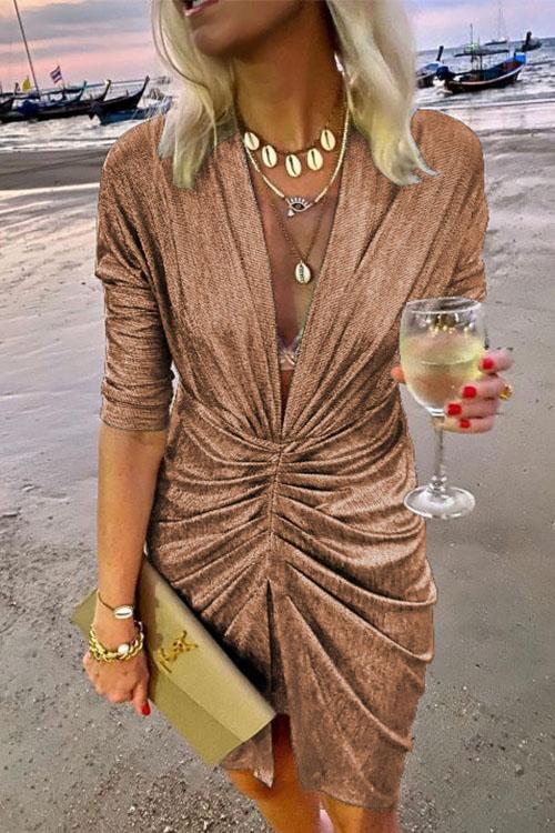 Karladress Deep V Neck Long Sleeve Ruched Glitter Dress