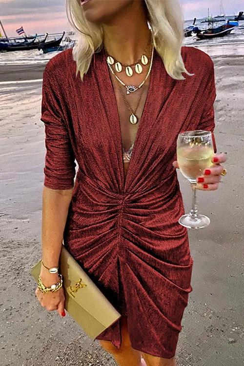 Karladress Deep V Neck Long Sleeve Ruched Glitter Dress