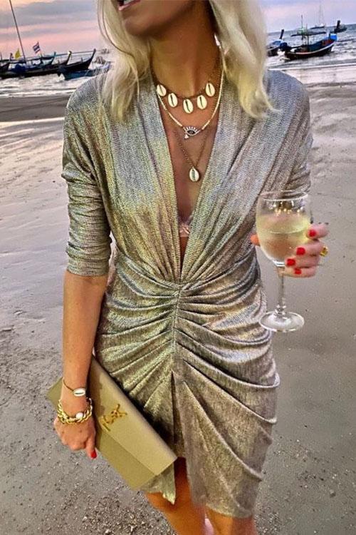 Karladress Deep V Neck Long Sleeve Ruched Glitter Dress