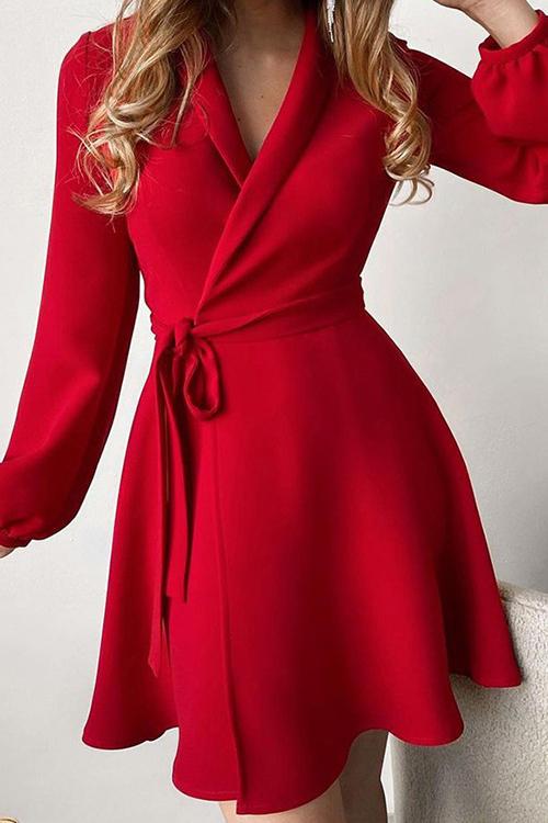 Karladress Casual Wrap V Neck Long Sleeve Tie Waist Dress