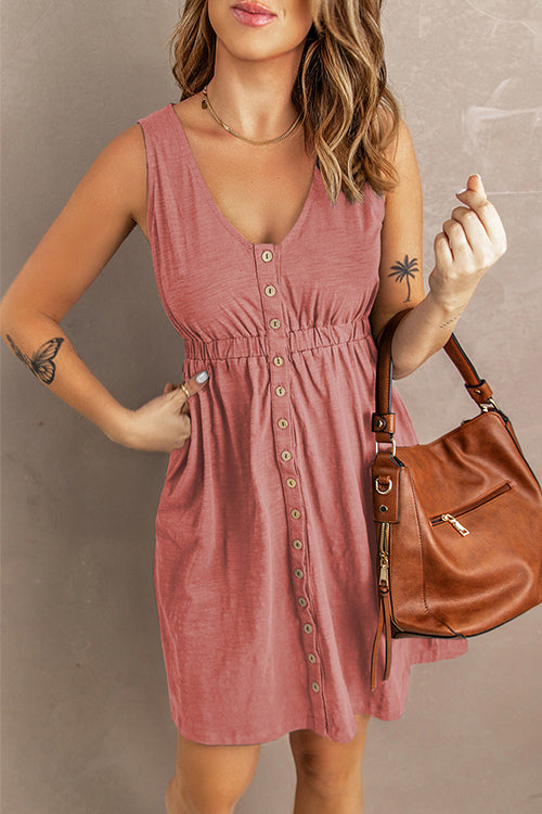 Karladress V Neck Button Down Sleeveless Waisted Dress