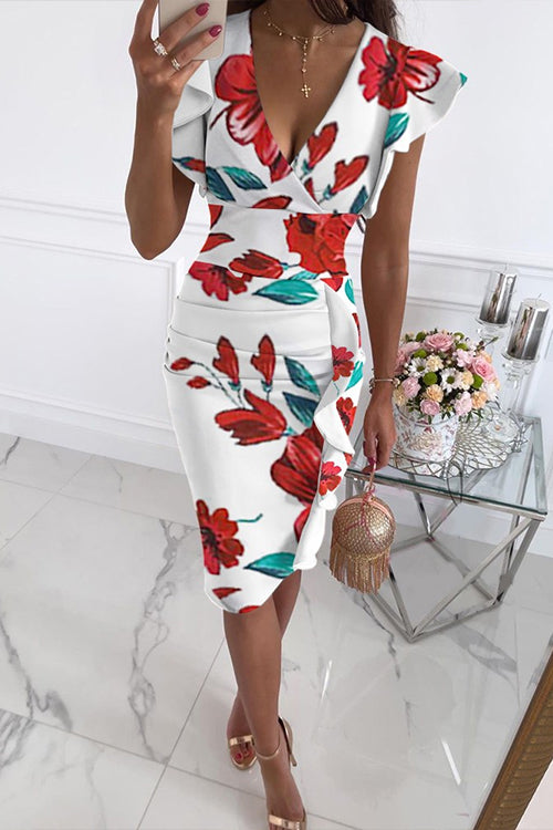 Karladress Ruffle V Neck Sleeveless High Waist Printed Dress