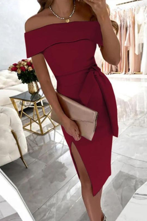 Karladress Off Shoulder Tie Waist Side Split Dress