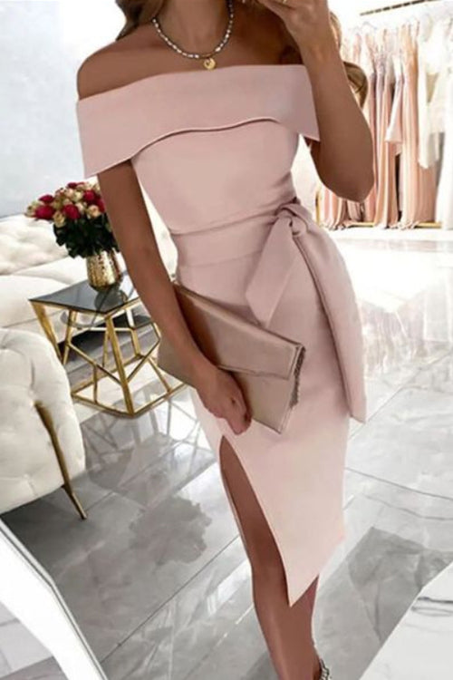 Karladress Off Shoulder Tie Waist Side Split Dress