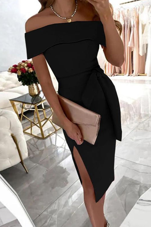 Karladress Off Shoulder Tie Waist Side Split Dress