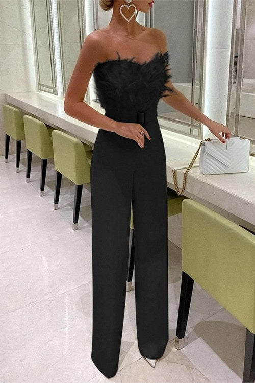 Karladress Off Shoulder Feather Splice Belted Jumpsuit